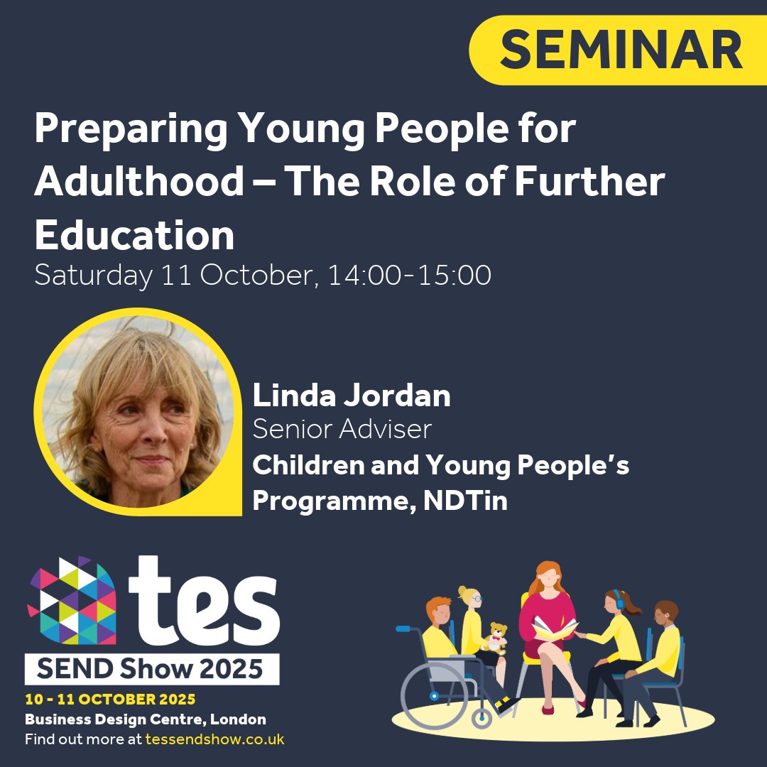 <a href="/NDTicentral/">NDTi</a>’s recent report highlights the focus of Linda's seminar, which will discuss the importance of preparing for adulthood (PFA) to support the development  of children and young people with SEND 💫

🎟️Book now👉ow.ly/Sjf750Wswa3
🔗Read more👉ow.ly/SzVv50Wswa2