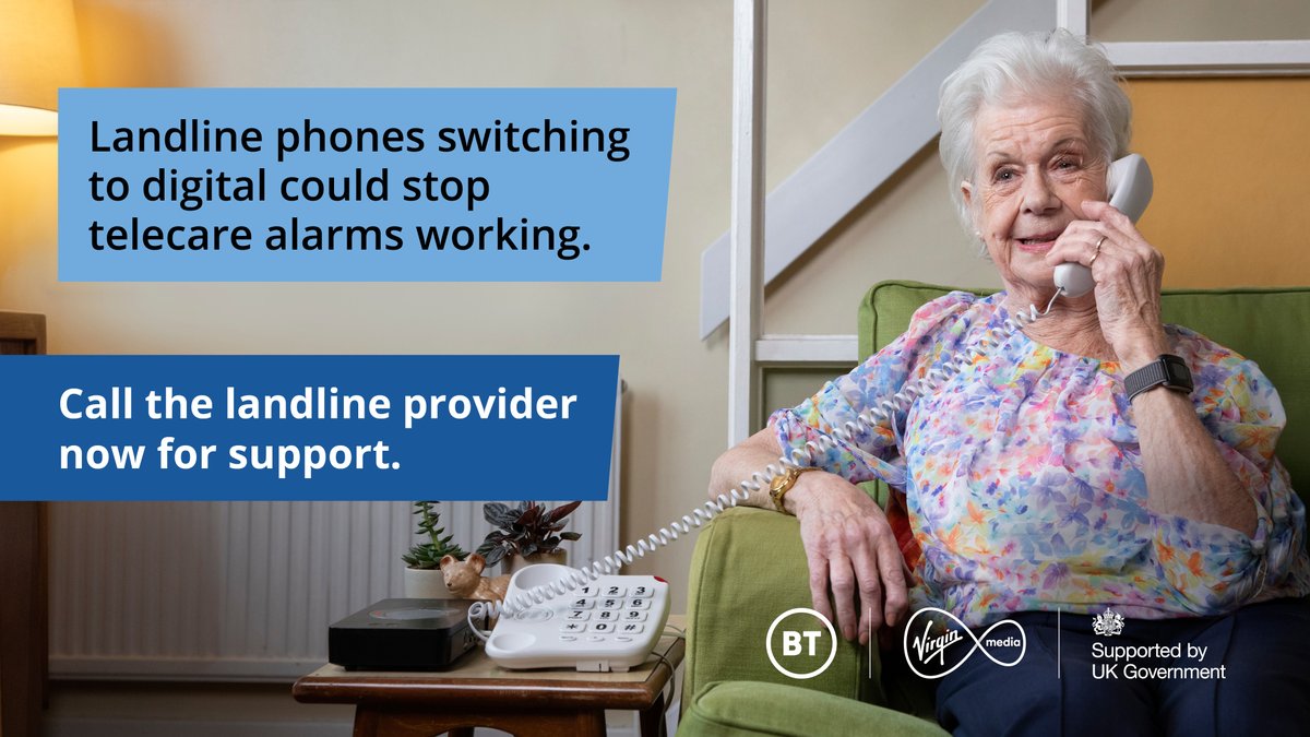 🔔 Do you or someone you know use a telecare alarm?  

📞Landlines switching from analogue to digital could stop telecare alarms working, but landline providers can help.  

🔄️The switchover is already happening, so call the landline provider for support now.