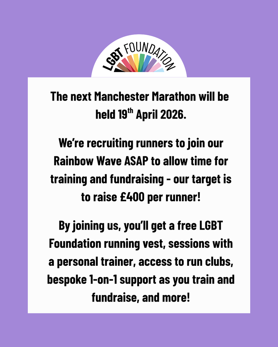 LGBTfdn's tweet photo. We're looking for superstar runners to join our Rainbow Wave on the Manchester Marathon 2026. Could it be you? 🏃🌈
 
https://t.co/8jUsbftbJQ or contact charity@lgbt.foundation!

#ManchesterMarathon #ManchesterRunners #RainbowWave #RunWithPride #CharityRunners #InclusiveRunning https://t.co/5rpvpuOe2F