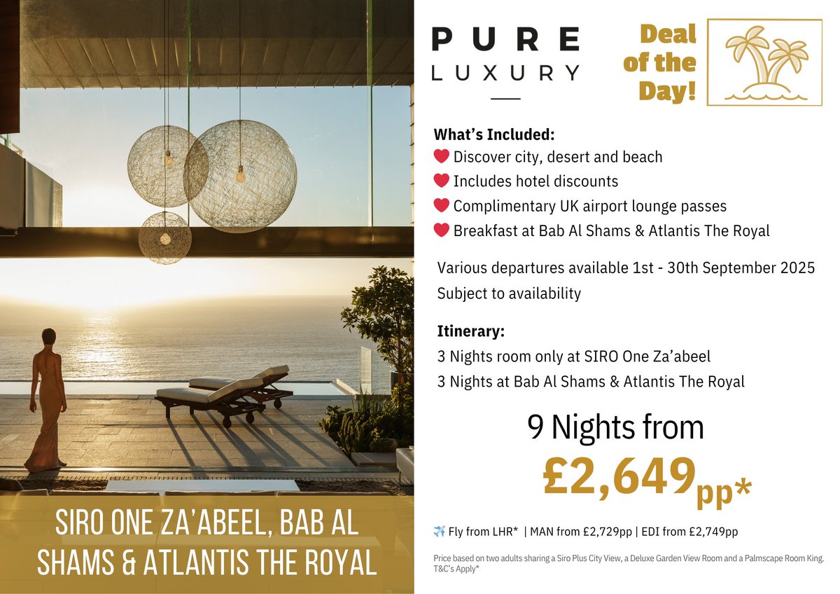 ☀️ Summer Reset in Dubai

🏙️ SIRO One Za’abeel
🏜️ Bab Al Shams
🌊 Atlantis The Royal

🧘‍♀️ Daily wellness, energy healing &amp; breakfast
🛫 Lounge access &amp; private transfers
9 nights from £2,649pp

📞 01978 853886 / 0151 363 6115
#WellnessTravel #DubaiLuxury