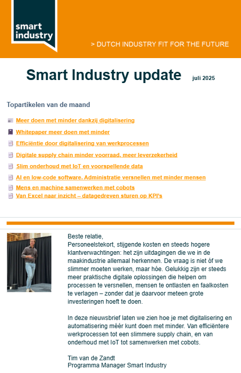 In deze nieuwsbrief laten we zien hoe je met digitalisering en automatisering méér kunt doen met minder. Van efficiëntere werkprocessen tot een slimmere supply chain, en van onderhoud met IoT tot samenwerken met cobots. 

eu1.hubs.ly/H0lPTRD0