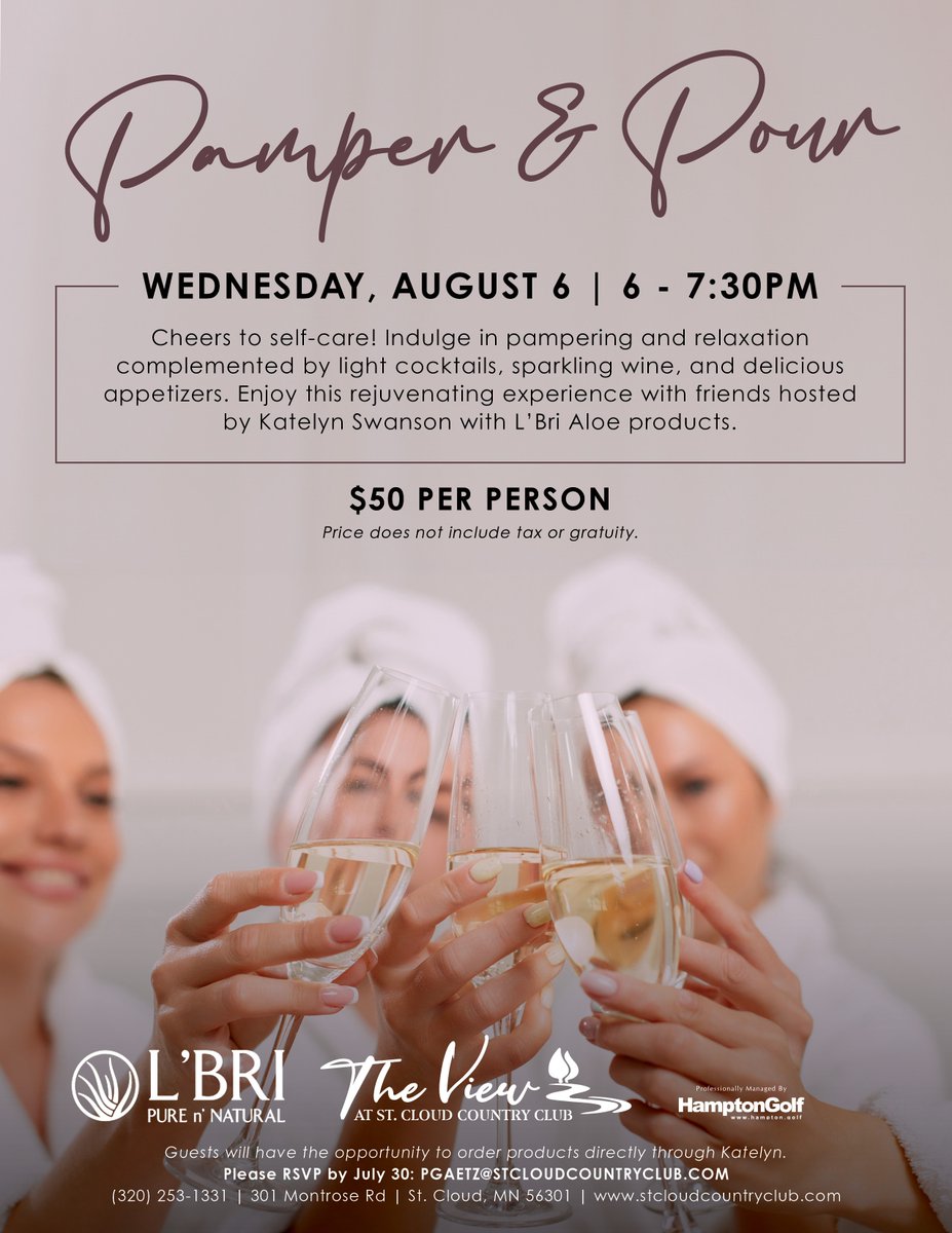 StCloudCC's tweet photo. 💆‍♀️ 𝘾𝙝𝙚𝙚𝙧𝙨 𝙩𝙤 𝙨𝙚𝙡𝙛-𝙘𝙖𝙧𝙚! Indulge in pampering and relaxation complemented by 🍹 light cocktails, 🥂sparkling wine, and 🍴delicious appetizers. 

Wednesday, August 6 | 6 - 7:30PM

𝗥𝗦𝗩𝗣 𝗯𝘆 𝗝𝘂𝗹𝘆 𝟯𝟬: 𝗣𝗚𝗔𝗘𝗧𝗭@𝗦𝗧𝗖𝗟𝗢𝗨𝗗𝗖𝗢𝗨𝗡𝗧𝗥𝗬𝗖𝗟𝗨𝗕.𝗖𝗢𝗠 https://t.co/ceLsXkQGah
