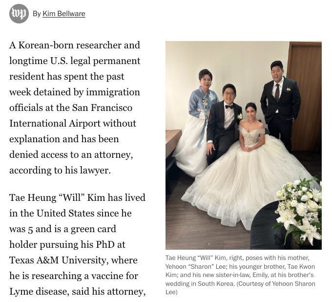 My client Will Kim has a green card, grew up in the US, became a scientist &amp; is researching Lyme disease vaccines. He has spent &gt;7 days in a CBP airport detention ctr w/ no daylight, sleeping in chair, no access to lawyer. Another brutal attack on immigrants &amp; science. Free Will!