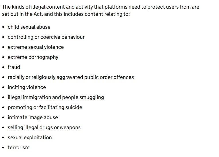 UK's "Online Safety Act" bans all of the following. This includes "Fictional" depictions within stories judging by what's been censored already.

For example games like GTA will be instantly banned according to this law.

They targeted Wikipedia already too