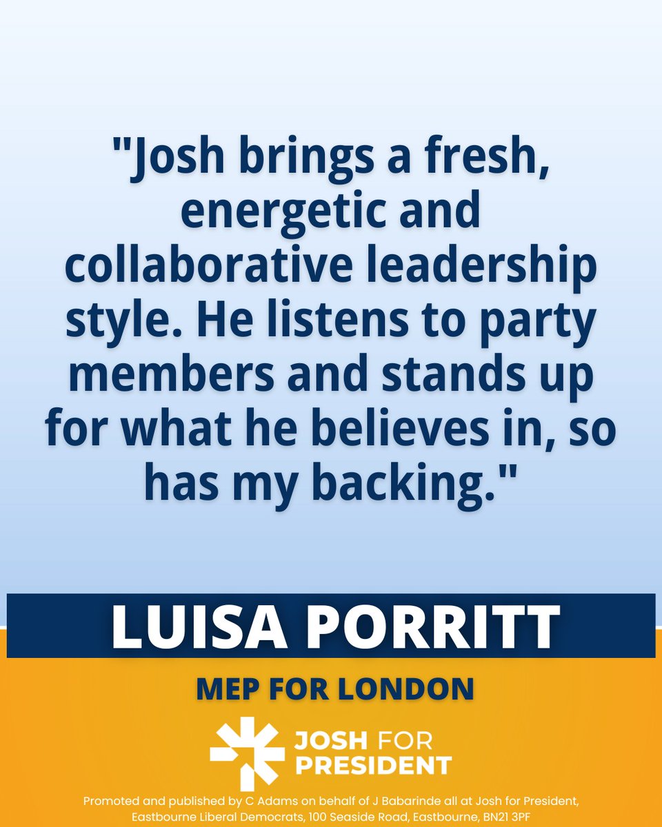 Luisa Porritt (@luisaporritt) on Twitter photo I am supporting <a href="/JoshBabarinde/">Josh Babarinde OBE MP</a> to be the next President of the <a href="/LibDems/">Liberal Democrats</a>.
Josh is a fresh and highly credible leadership voice in our party.
He is the right person to work with the wider leadership team to take us forward. I am supporting <a href="/JoshBabarinde/">Josh Babarinde OBE MP</a> to be the next President of the <a href="/LibDems/">Liberal Democrats</a>.
Josh is a fresh and highly credible leadership voice in our party.
He is the right person to work with the wider leadership team to take us forward.