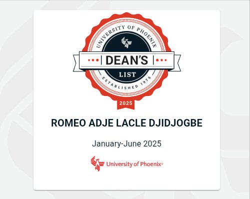 Je suis heureux de figurer sur la #Dean's List de mon Université  pour la période allant de janvier à juin 2025. 

La Dean's List à l' <a href="/UOPX/">University of Phoenix</a> célèbre les performances académiques exceptionnelles des étudiants ayant un GPA allant de 3.5 à 3.99 .

Allons-y !!!

#Excellence