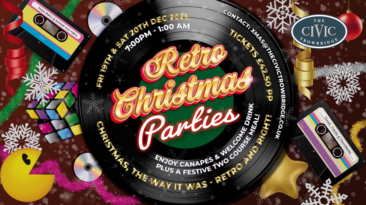 Retro Christmas Parties!🎄

We know it’s early, but they book up fast; Dec 19 &amp; 20, 
7 PM–1 AM. The Ultimate Retro Christmas! Welcome drink, canapés &amp; 2-course meal for £42.50.  

👉More Info: tinyurl.com/Civic-Events 

#RetroChristmas #FestiveFun