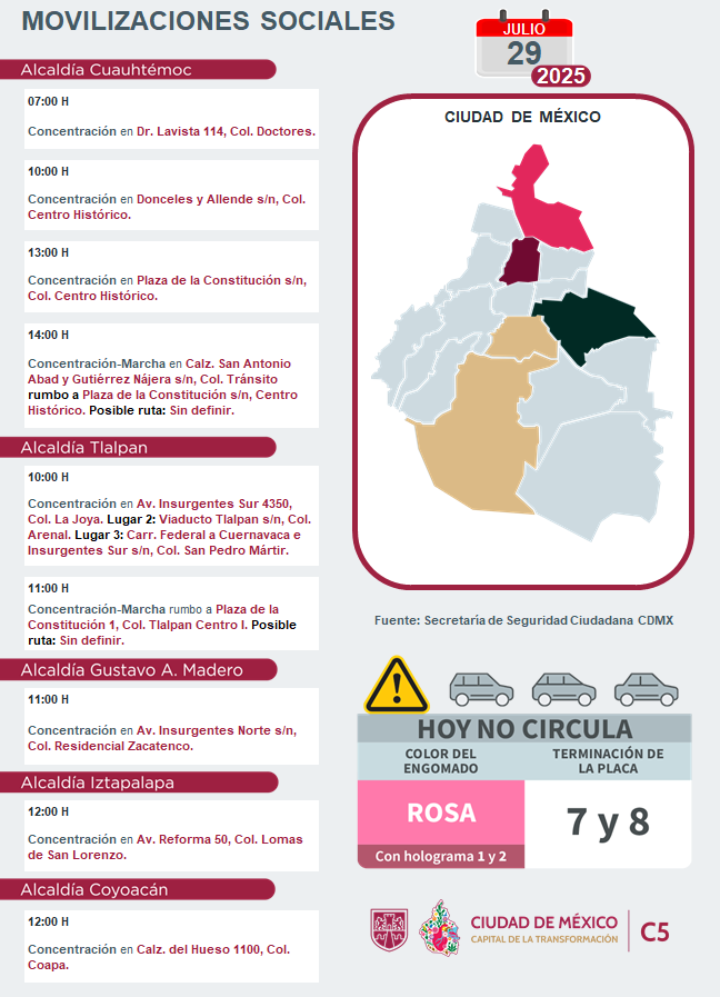 ⚠🗓 #ENTÉRATE | Para hoy, 29 de julio 2025, estas son las movilizaciones sociales previstas en la Ciudad de México. 

#C5ConConfianza #MovilidadCDMX #C5OjosDeLaCDMX 👀 #C5CorazónDeLaCDMX