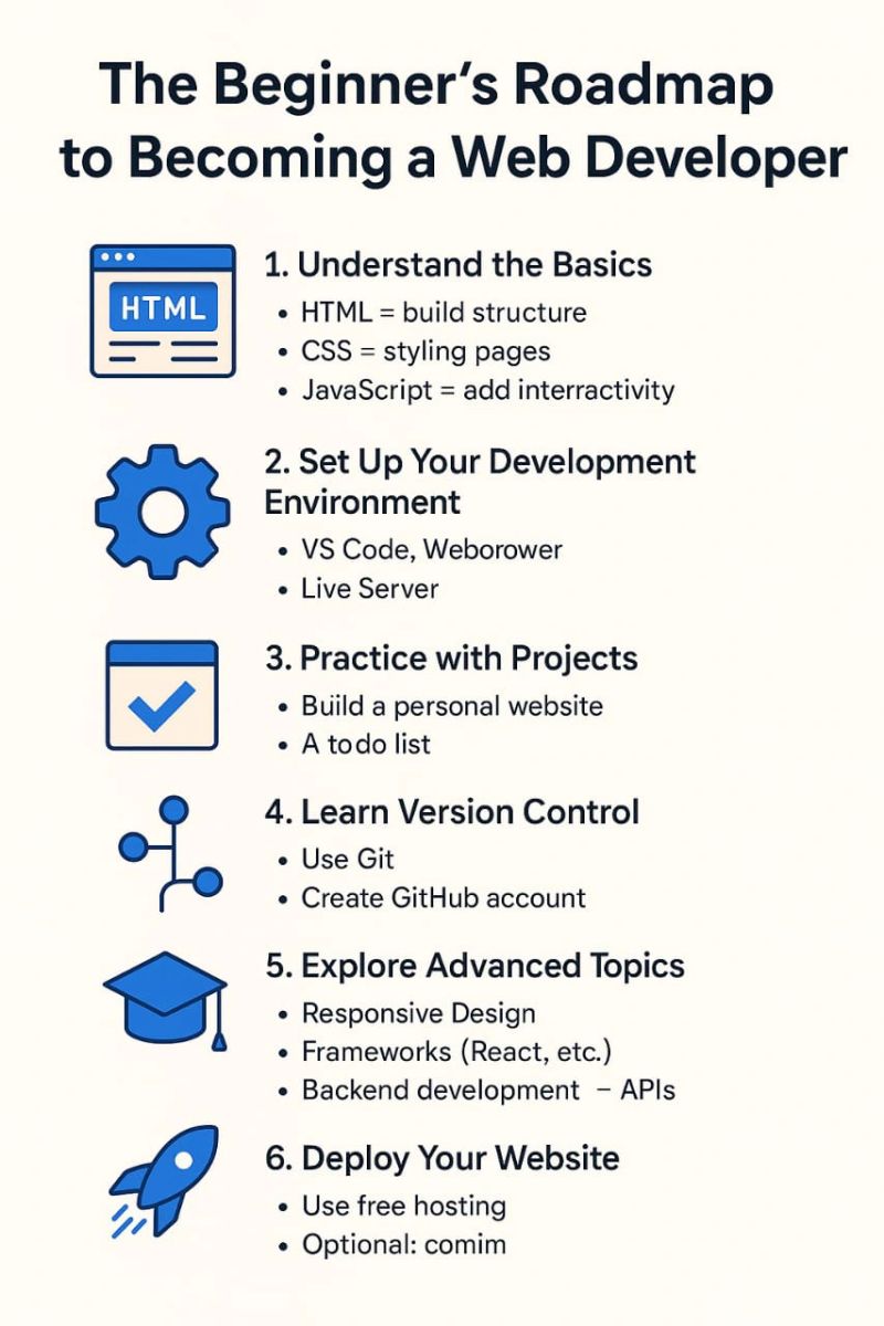 PBO_LLP's tweet image. 🚀 Beginner’s Roadmap to Web Dev

From HTML/CSS basics to deploying your first site — here’s how to start strong:

1️⃣ HTML, CSS, JS
2️⃣ VS Code &amp;amp; browser
3️⃣ Build projects
4️⃣ Git &amp;amp; GitHub
5️⃣ Frameworks
6️⃣ Deploy
7️⃣ Keep learning

#WebDevelopment #LearnToCode #GitHub #CodingJourney