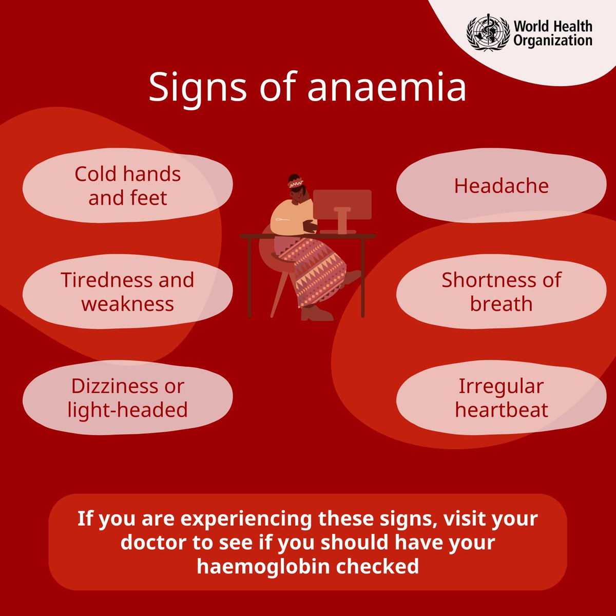 Common symptoms of #anaemia include:

🥱 Tiredness
😵‍ Dizziness or feeling light-headed
❄️ Cold hands and feet
😖 Headache
🫁 Shortness of breath, especially upon exertion
🫀 Irregular heartbeat

If you experience any of these symptoms without any apparent reason, you may have