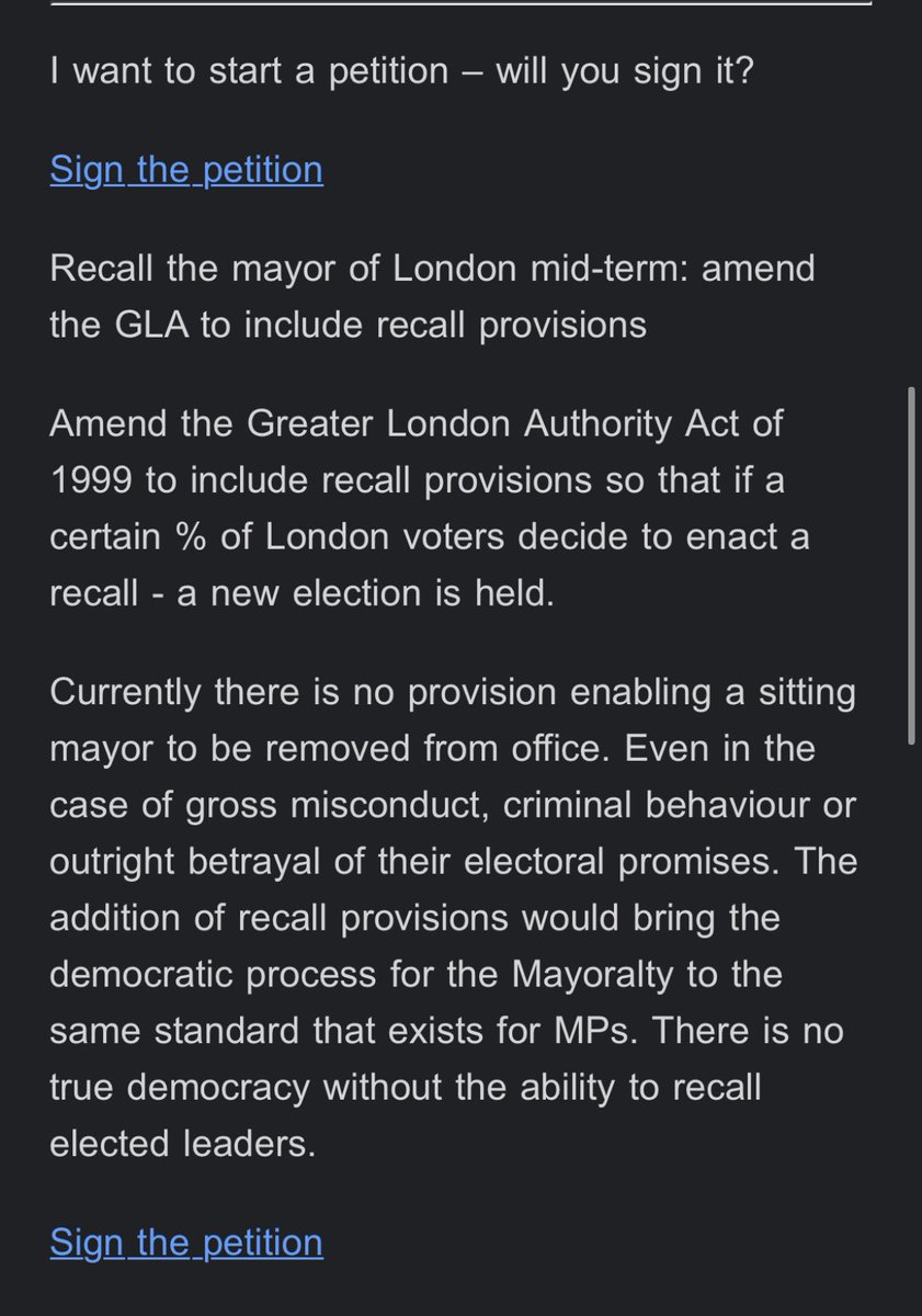We must change the law to enable a recall of London mayor. 

If you’re fed up of crime and terrible public services in our city: sign the petition. 

petition.parliament.uk/petitions/7352…