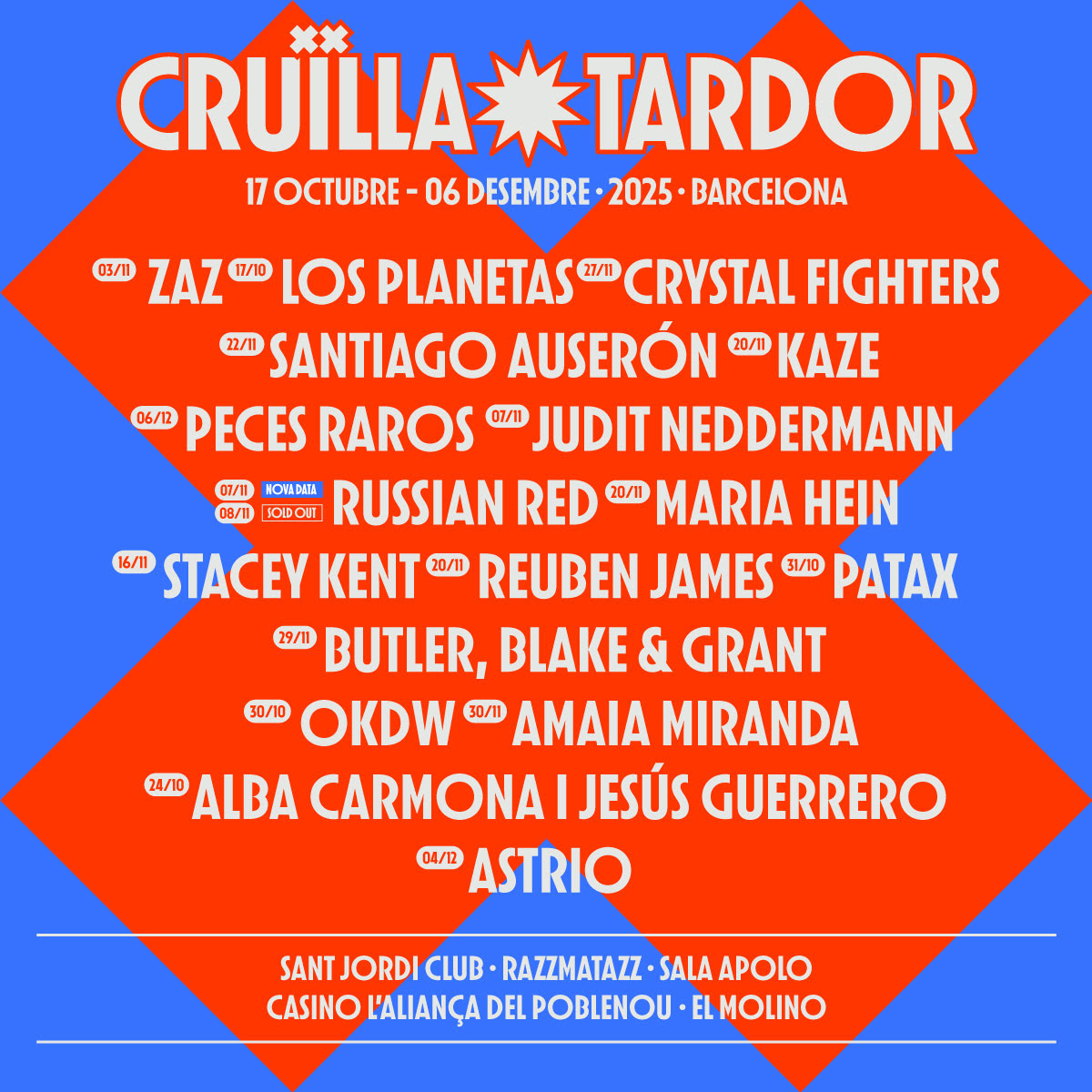.<a href="/crystalfighters/">Crystal Fighters</a> i <a href="/mariaheinpuig/">MARIA HEIN</a> s'incorporen al cicle de concerts <a href="/cruillabcn/">FESTIVAL CRUÏLLA</a> Tardor. Entre el 17 d'octubre i el 6 de desembre a <a href="/PalauSantJordi/">Palau Sant Jordi</a> Club, <a href="/RazzmatazzClubs/">RazzmatazzClubs</a>, Apolo, Casino L'Aliança Poblenou o <a href="/molinobarcelona/">El Molino</a>, concerts de <a href="/LosPlanetasGr/">Los Planetas</a>, <a href="/BBGband/">Butler, Blake & Grant</a>, Russian Red...