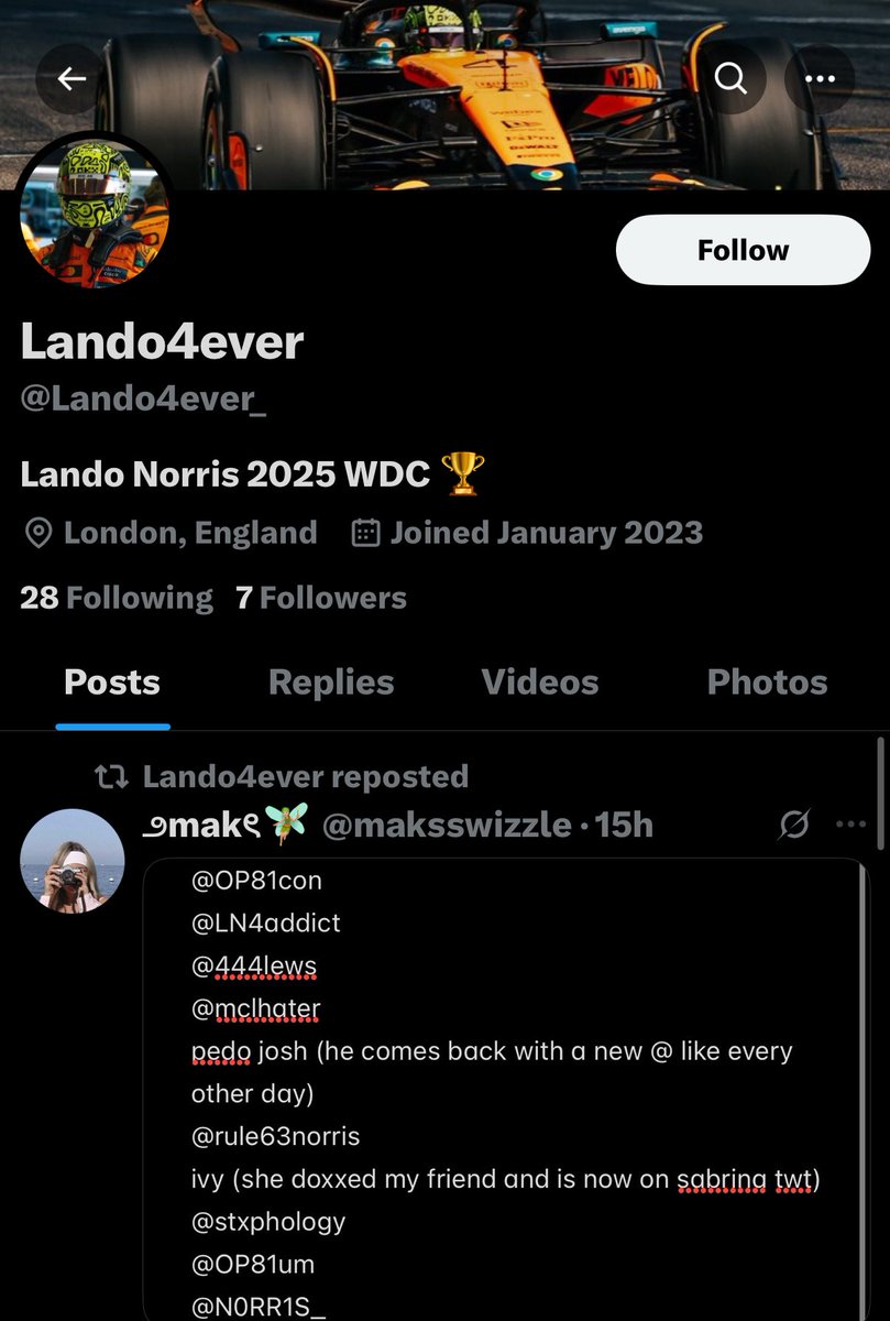 if you’re gonna make a burner acc pretending to be a lando fan just to then go harass his fans with nasty comments maybe make it less obvious next time 😊
