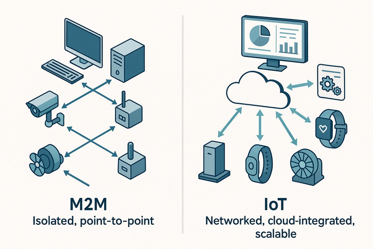Are #M2M and #IoT the same? Not quite.

📡 M2M (Machine-to-Machine) is about point-to-point communication between devices.

🌐 IoT (Internet of Things) goes further - it's networked, cloud-powered, and application-driven.

👉 kaaiot.com/iot-knowledge-…