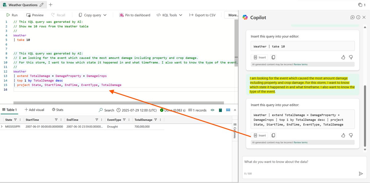 💡Even though KQL is one of the easiest query languages to learn, if you need a little boost, check out Copilot in KQL Queryset. Super useful whether you're learning.

Copilot is available in all Fabric capacities #MicrosoftFabric #KQL #Copilot #RealTimeIntelligence
