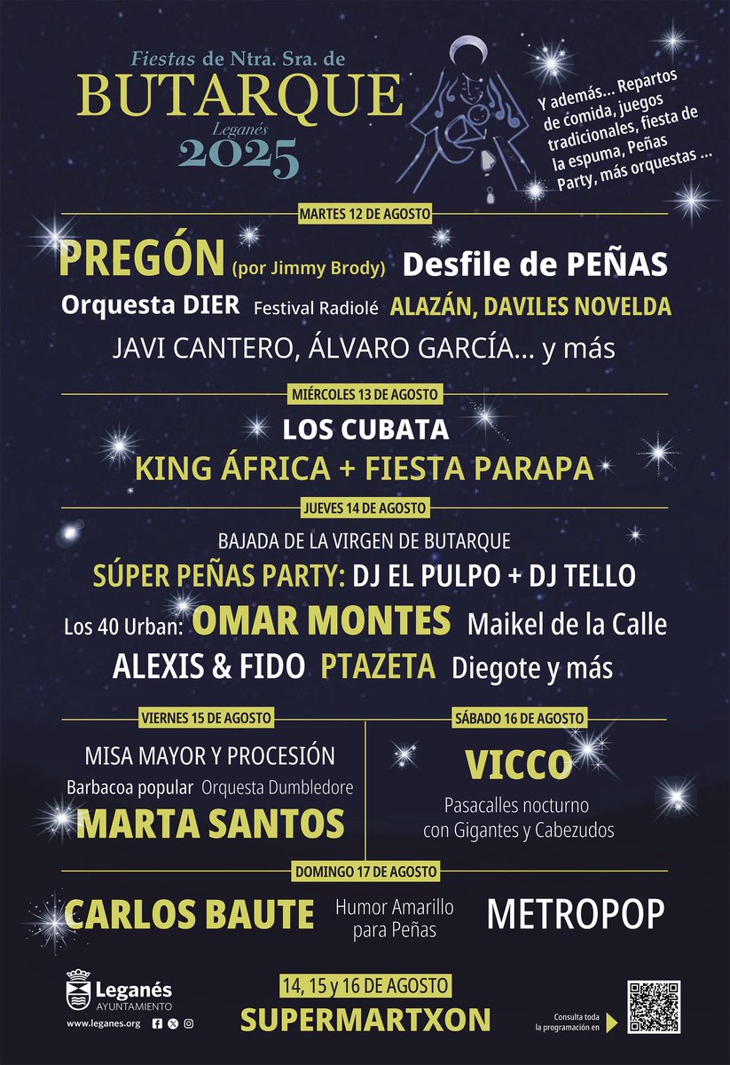 Ayuntamiento de Leganés (@aytoleganes) on Twitter photo 🎆🎉 Crece el protagonismo de las Peñas, en unas Fiestas de Ntra. Sra. de Butarque de #Leganés con los conciertos de <a href="/vicco_music/">V I C C O</a>, <a href="/MartaSantosMart/">MartaSantos99</a>, <a href="/carlosbaute/">Carlos Baute</a> y <a href="/omarmontesSr/">Omar Montes</a>
🎷🫂 Un año más, unos 500 peñistas han preparado más de un centenar de actividades que darán 🎆🎉 Crece el protagonismo de las Peñas, en unas Fiestas de Ntra. Sra. de Butarque de #Leganés con los conciertos de <a href="/vicco_music/">V I C C O</a>, <a href="/MartaSantosMart/">MartaSantos99</a>, <a href="/carlosbaute/">Carlos Baute</a> y <a href="/omarmontesSr/">Omar Montes</a>
🎷🫂 Un año más, unos 500 peñistas han preparado más de un centenar de actividades que darán