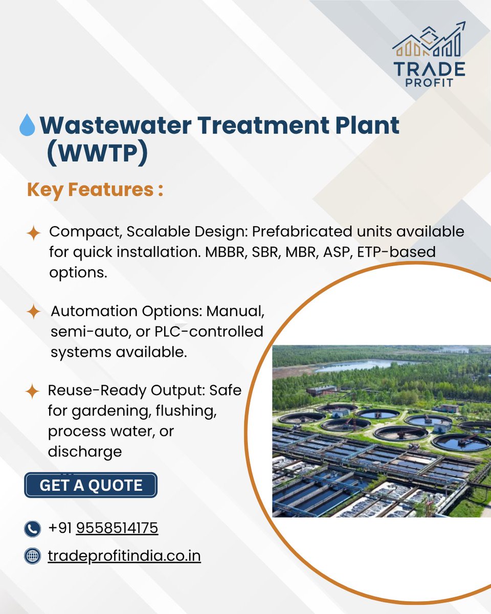 _TradeProfit_'s tweet photo. 💧 Wastewater Treatment Plant (WWTP)

♻️ Recycle. Reuse. Reduce.

Built for industries, complexes &amp; eco-conscious facilities.

📞 +91 9558514175 🌐 https://t.co/hea0LeMbe5

#WWTP #CleanWater #WaterTreatment #TradeProfitIndia #EcoFriendlyIndia https://t.co/bOAdgpQBMN