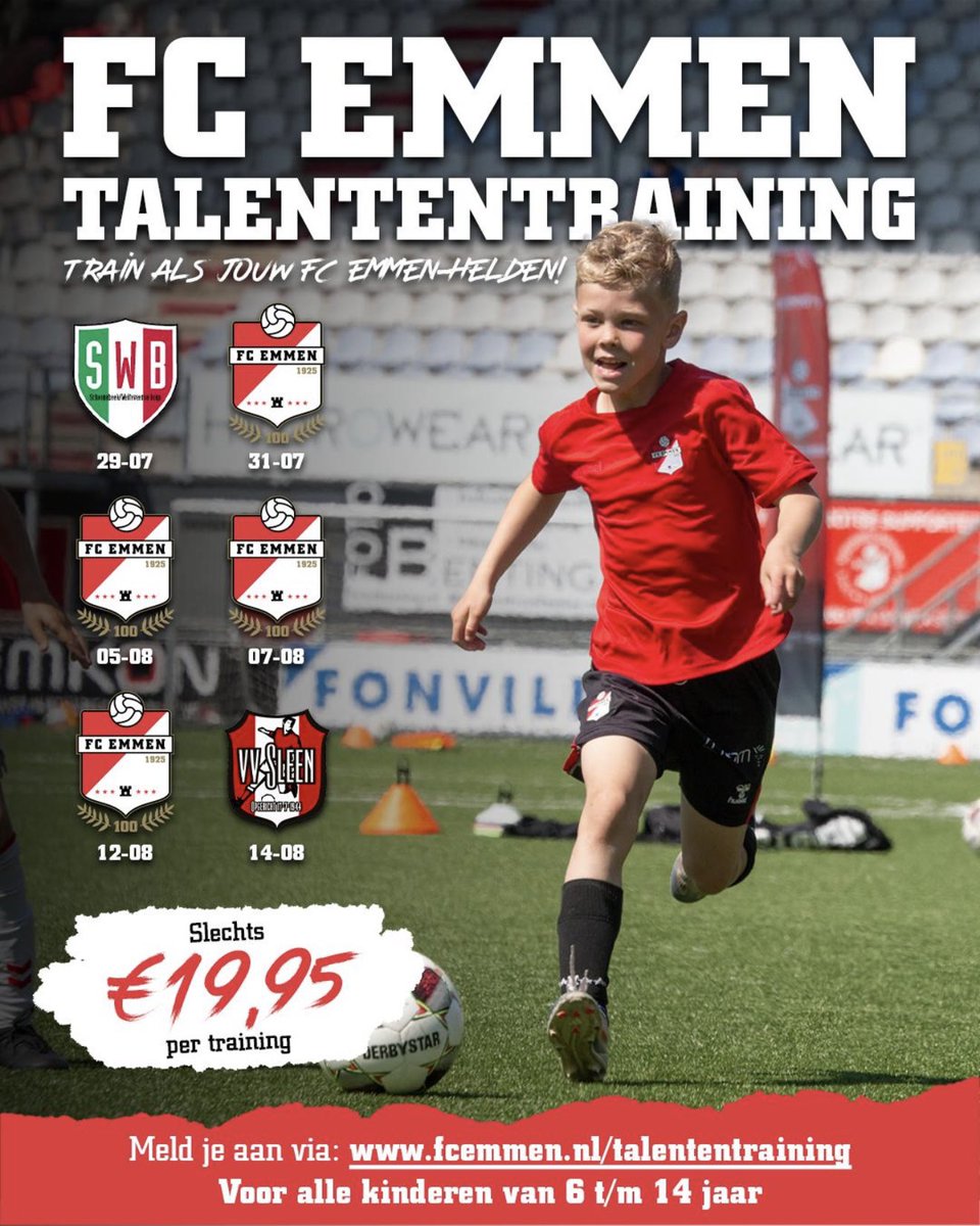 Ben jij tussen de 6 en 14 jaar en wil je trainen als een echte prof? 🤩

Meld je dan nu aan voor de 𝗙𝗖 𝗘𝗺𝗺𝗲𝗻 𝗧𝗮𝗹𝗲𝗻𝘁𝗲𝗻𝘁𝗿𝗮𝗶𝗻𝗶𝗻𝗴𝗲𝗻! ⚽️

🔗 fcemmen.nl/talententraini…

#HIERKOMIKWEG