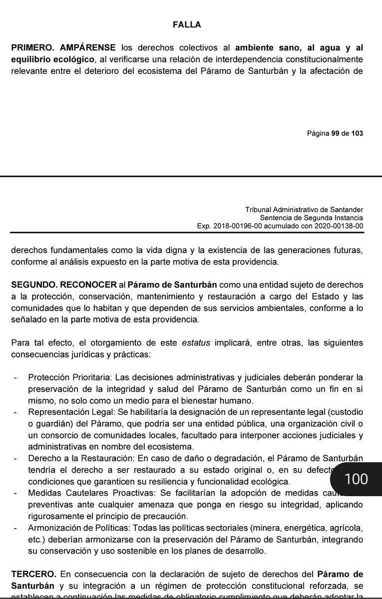 Celebramos la sentencia del Tribunal Adm de Santander al declarar Santurbán 💧 y sus zonas adyacentes sujeto de derechos, ordenando a <a href="/MinAmbienteCo/">MinAmbiente Colombia</a> <a href="/CARCDMB/">CDMB</a> y demás, acciones reales frente a la protección integral de Santurbán; además de las siguientes consideraciones: 🧵1/5