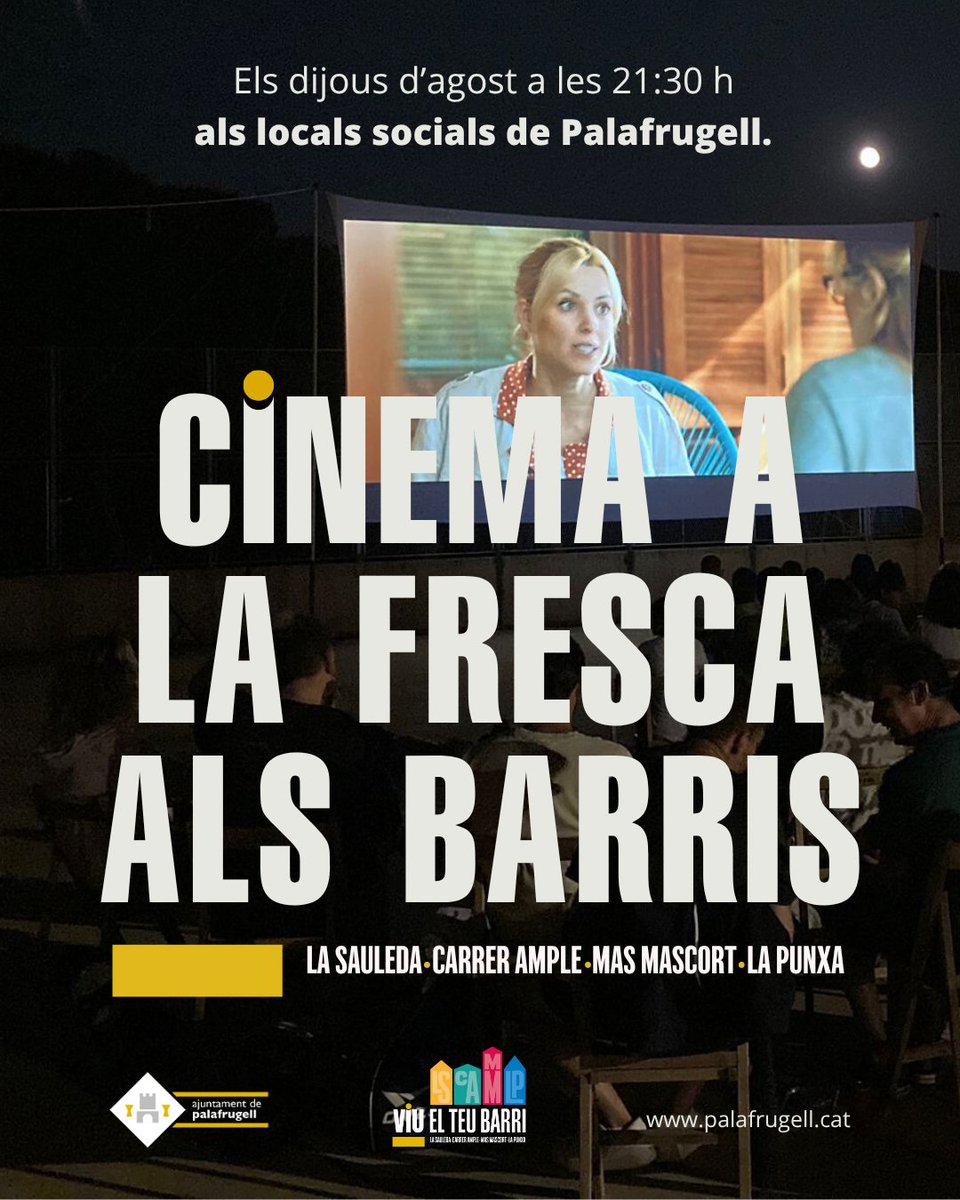ajpalafrugell's tweet photo. 🎬 Cinema a la fresca als barris de #Palafrugell
📽️Aquest agost, gaudeix del millor cinema familiar sota les estrelles a Palafrugell.
Nits d’estiu, pel·lícules per a tothom i un ambient màgic…🍿
#Palagrugell
#MasMascort #LaPunxa #CarrerAmple #LaSauleda https://t.co/G4piJHBA7X