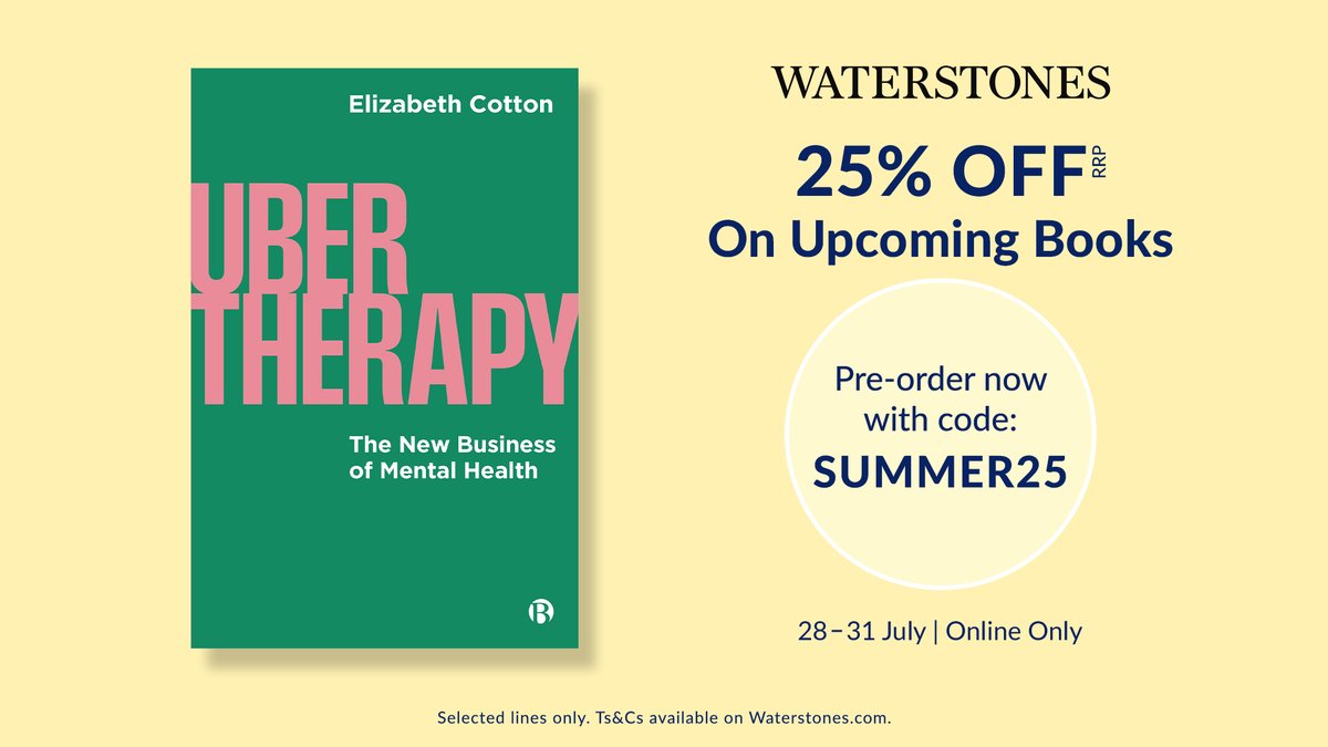 🚨 25% OFF PRE-ORDERS 🚨

From 28 - 31 July, get 25% off 'UberTherapy' with code SUMMER25 at checkout.

Exclusively on the #Waterstones website &amp; app. #WPreorder 

A guide to the rise of digital therapy for anyone working in or researching #MentalHealth.

ow.ly/y2uM50WvYvN