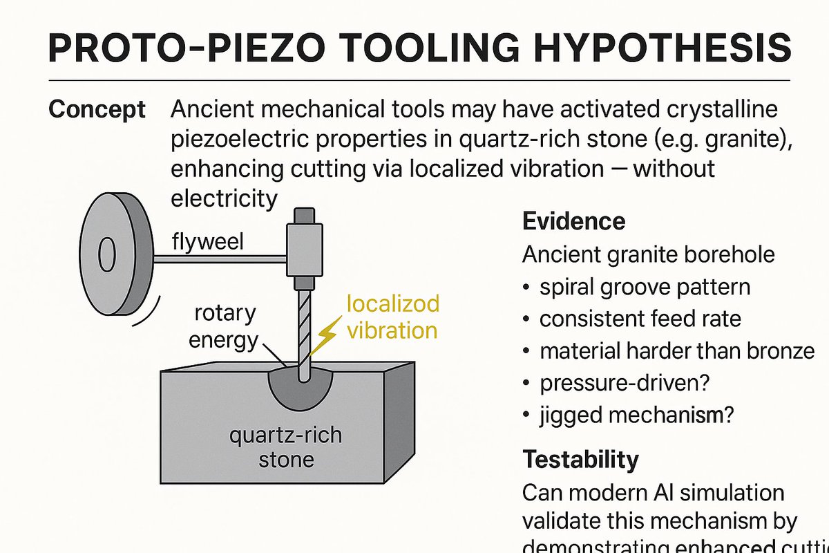 ForzaVeenstra's tweet image. What if ancient drills used no electricity—yet still activated piezoelectric effects in quartz?

Flywheel + rotary pressure = localized vibration
Granite = quartz matrix
→ Enhanced cutting through micro-fracture
Time to simulate.
#ProtoPiezoHypothesis #AIforTruth