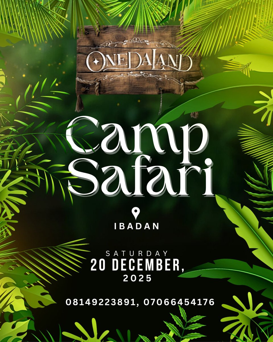 Seun_rave's tweet photo. Mark your Calendars, #OneDaLand 2.0 is coming! The Date is 20th of December, 2025. ... #CampSafari, it's tagged!
Let's go! ... #WeekendB4Xmas #1DLND #WBX
.
#DettyDecember #Ibadan #Lagos #Abuja #Portharcourt #Fest #DecemberFest #Festival #Naija #Africa #Afrobeat #Black #Culture https://t.co/veGY3nN9UM