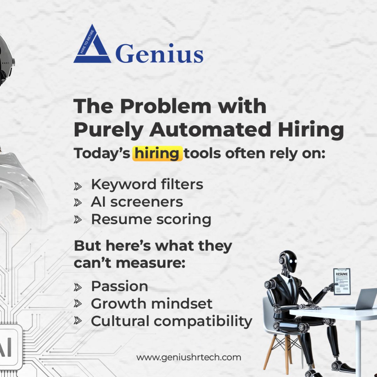 GeniusHRTechLtd's tweet image. In a world driven by algorithms, it’s time to rethink hiring.

Because real talent isn’t just keywords—it’s passion, growth, and the human spark that machines can’t measure.
Let’s go beyond automation. Let’s hire with insight.
#BeyondTheAlgorithm #GeniusHRTech #HumanFirstHiring