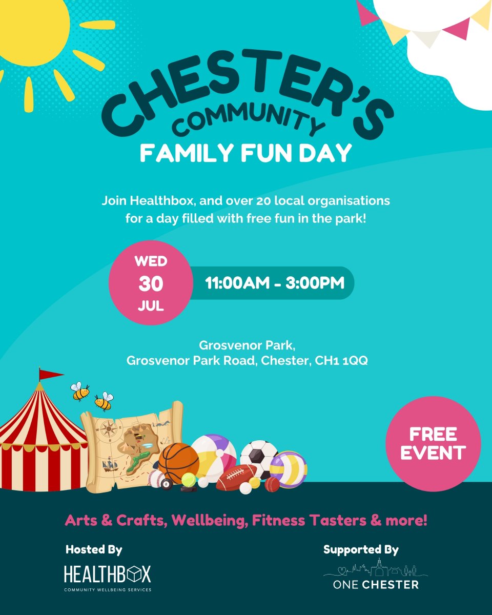 🎉 Chester’s Community Family Fun Day
📅 Wed 30 July | 🕚 11AM–3PM
📍 Grosvenor Park, Chester

Join Healthwatch and 20+ local orgs for a FREE day of fun: arts &amp; crafts, fitness tasters, wellbeing &amp; more!
