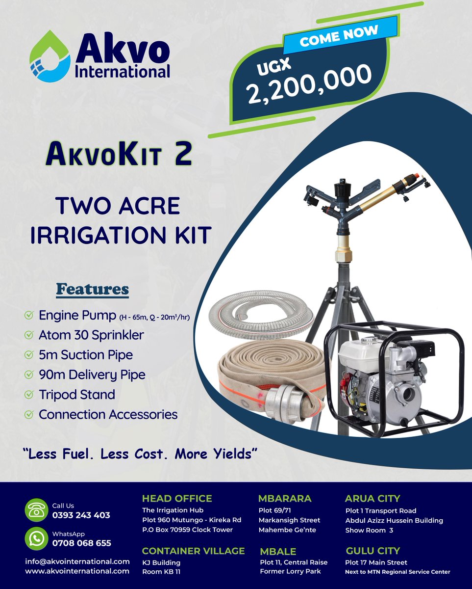 Akvointltd's tweet photo. Introducing #AkvoKits 1,2 &amp; 3. Portable irrigation kits for 1, 2 &amp; 3 acres respectively.

Portable, easy to install &amp; operate, perfect for farms, and very affordable.

Grab yourself one kit today!!

#irrigation #AkvoInternational #agriculture https://t.co/E0ODZK4hGz