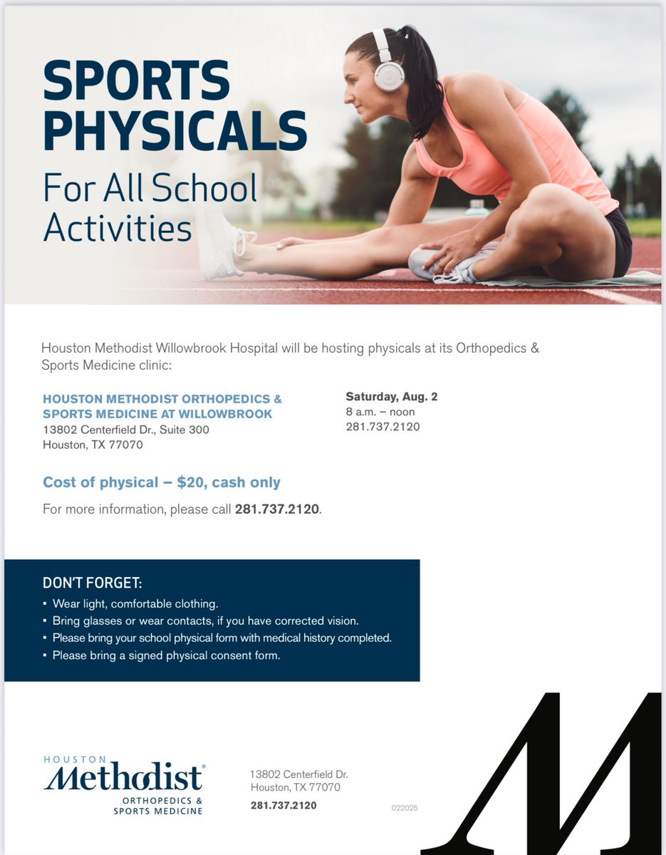The amazing <a href="/MethodistHosp/">Houston Methodist</a> is hosting a Sports Physical day on Saturday, August 2nd, at the Willow Brook location for $20 cash. Athletes this is a great opportunity to get these taken care of before practices start if you haven’t already! <a href="/KleinAthletics/">Klein High Athletics</a> <a href="/KleinFootball25/">Klein Football #TheMothersh1p</a>