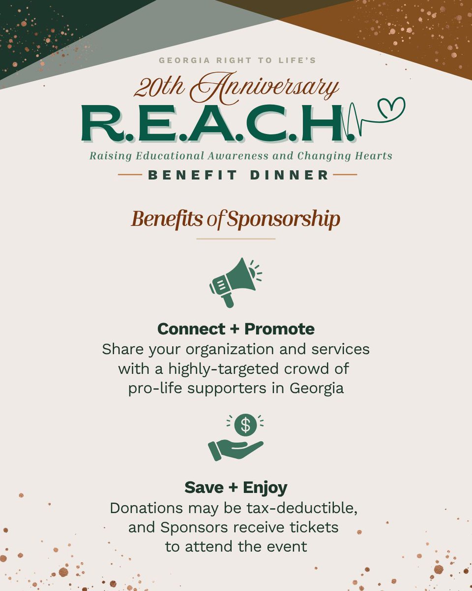 Help Make It Happen — Be a Sponsor or Table Host!

We’d love to partner with you for the R.E.A.C.H. Dinner on Oct. 3, 2025,  in Atlanta.

When you sponsor or host a table, you’re not just supporting an event—you’re standing for life alongside a community that shares your values.