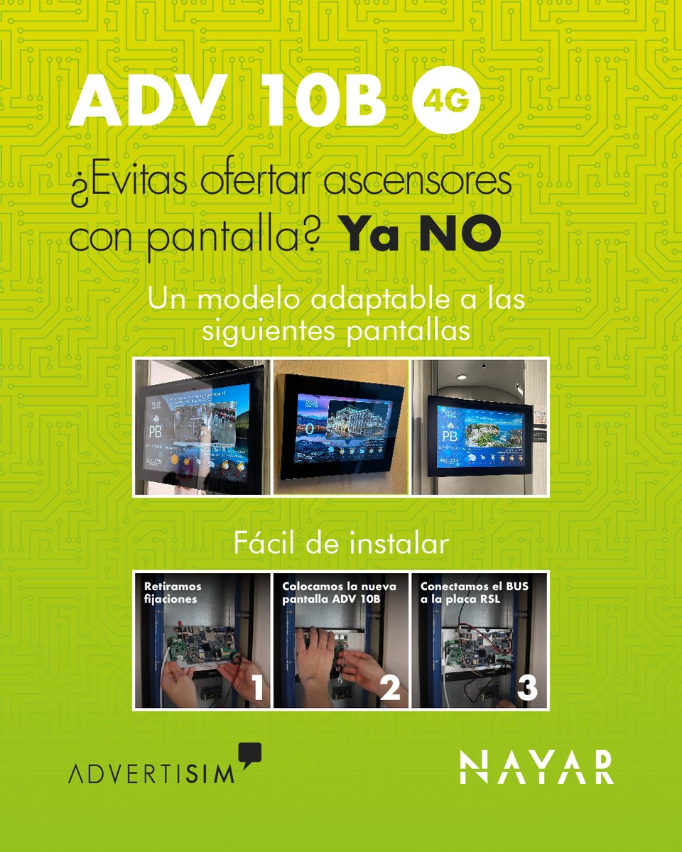 Nayar (@nayarsystems) on Twitter photo En #Nayar te lo ponemos muy fácil si estás evitando ofrecer ascensores con pantalla. 😉Con Advertisim 10B, integrar una pantalla en cabina ¡es muy sencillo! Si buscas una solución eficiente y sin complicaciones, Advertisim 10B es la respuesta. 💚
📧 comercial@nayarsystems.com En #Nayar te lo ponemos muy fácil si estás evitando ofrecer ascensores con pantalla. 😉Con Advertisim 10B, integrar una pantalla en cabina ¡es muy sencillo! Si buscas una solución eficiente y sin complicaciones, Advertisim 10B es la respuesta. 💚
📧 comercial@nayarsystems.com