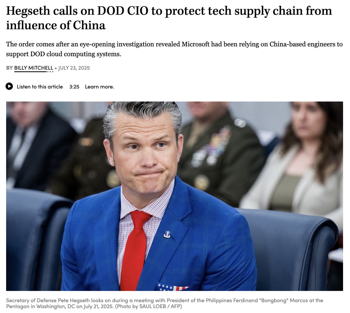 Reserve Organization of America (@reserveorg) on Twitter photo Secretary of Defense Pete Hegseth issued a directive late last week ordering the Pentagon’s chief information officer to take additional security measures: bit.ly/4kX24VR.
<a href="/DefenseScoop/">DefenseScoop - @defensescoop.bsky.social</a>
#SmartBrief Secretary of Defense Pete Hegseth issued a directive late last week ordering the Pentagon’s chief information officer to take additional security measures: bit.ly/4kX24VR.
<a href="/DefenseScoop/">DefenseScoop - @defensescoop.bsky.social</a>
#SmartBrief