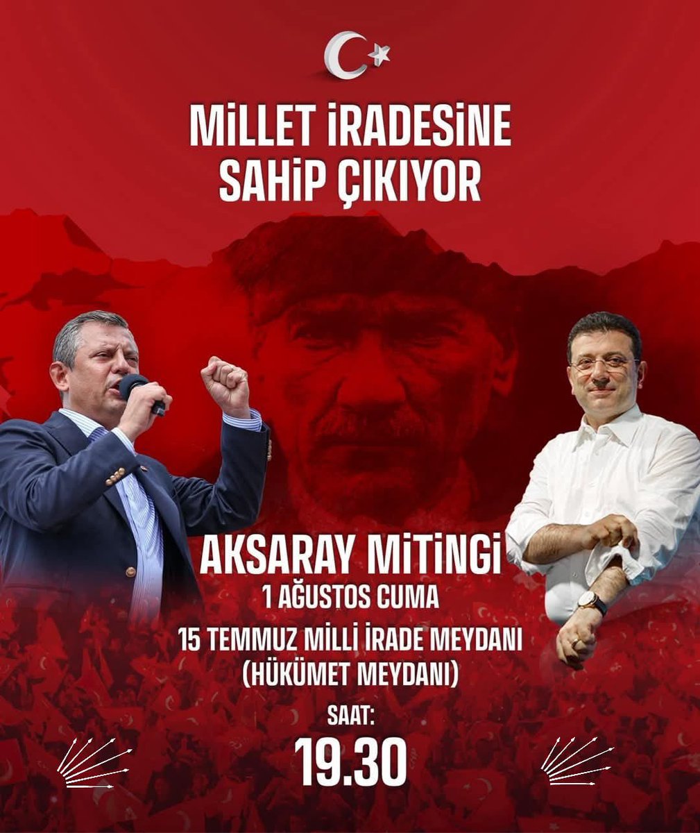Millet iradesinin sesi AKSARAY’dan yükselecek!

Cesaret kazanacak, umut kazanacak, doğruluk kazanacak, Türkiye kazanacak!

🗓️ 1 Ağustos Cuma 
⏰ 19.30
📍15 Temmuz Milli İrade Meydanı(Hükümet Meydanı)/Aksaray 

👉Mitinge katılmak isteyen Kırşehirli hemşehrilerimiz CHP Kırşehir il