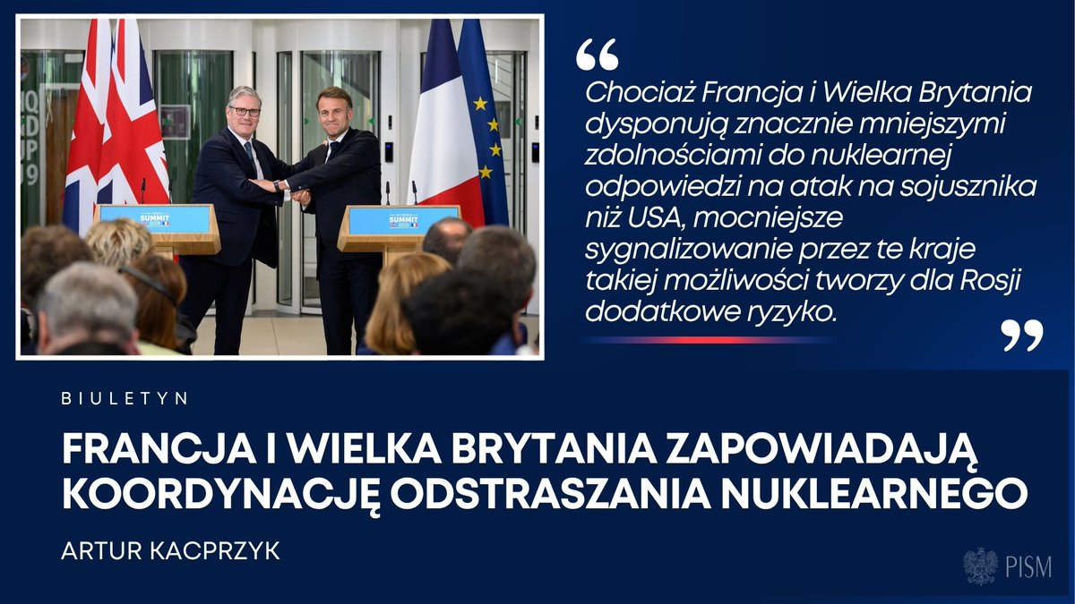 PISM (@pism_poland) on Twitter photo Zapowiedziana koordynacja działań sił nuklearnych 🇫🇷 i 🇬🇧 może wzmocnić odstraszanie Rosji od kolejnej agresji w Europie, uzupełniając wysiłki USA i NATO. Ważne będą praktyczne działania w tym zakresie - pisze <a href="/ArturKacprzyk/">Artur Kacprzyk</a>.
📎 pism.pl/publikacje/fra… Zapowiedziana koordynacja działań sił nuklearnych 🇫🇷 i 🇬🇧 może wzmocnić odstraszanie Rosji od kolejnej agresji w Europie, uzupełniając wysiłki USA i NATO. Ważne będą praktyczne działania w tym zakresie - pisze <a href="/ArturKacprzyk/">Artur Kacprzyk</a>.
📎 pism.pl/publikacje/fra…