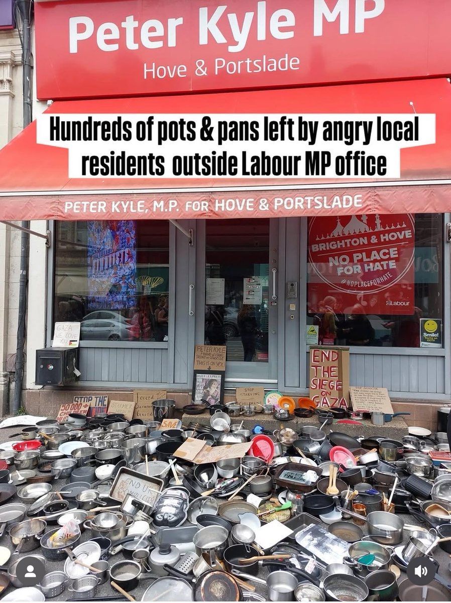Hundreds of pots &amp; pans dumped at Labour MP's office—locals won't stay silent while their taxes fund Gaza's starvation.

When politicians ignore genocide, the people bring the noise.