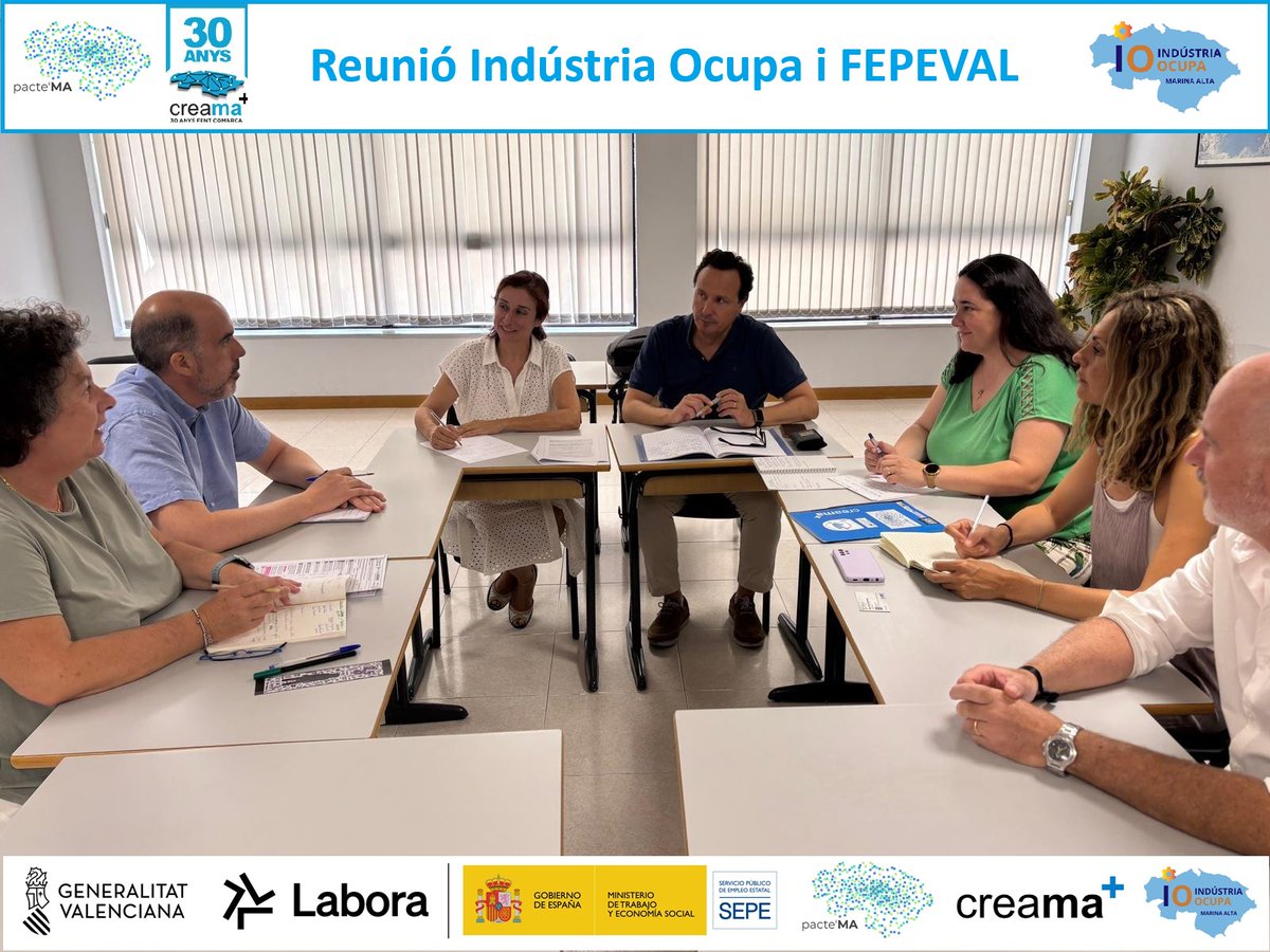 📣 #IndústriaOcupa de <a href="/creama_org/">CREAMA➕</a> i #PACTEMA amb una reunió clau amb @fepeval.
🤝 Aliances públic-privades per a impulsar l'ocupabilitat i el desenvolupament industrial en la #MarinaAlta
#Creama #SomLabora #IndustriaOcupa