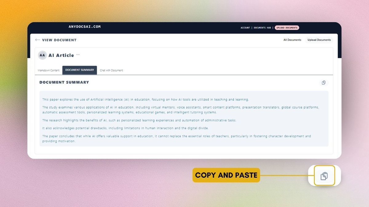 anydocsai's tweet image. 🧠 Document Summary
No time to read 100 pages? Get the key takeaways in seconds. #AnyDocsAI instantly summarizes your files so you get what matters—fast.
🔗 Try it now: anydocsai.com
#AIProductivity #SmartDocs #NoCode #Productivity #Upload