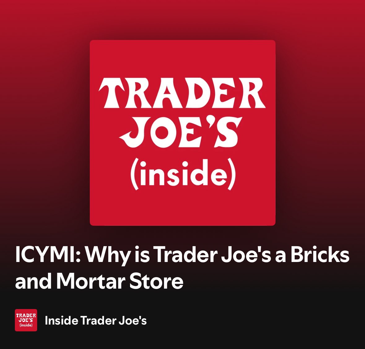 Did you know they actually tell you 
why on their in house podcast? 

1) they don’t believe TJ experience would translate via app/ online bc a big part of the experience is discovery (wandering aisles) 

2) cost associated with delivery 
they want to remain competitive with their