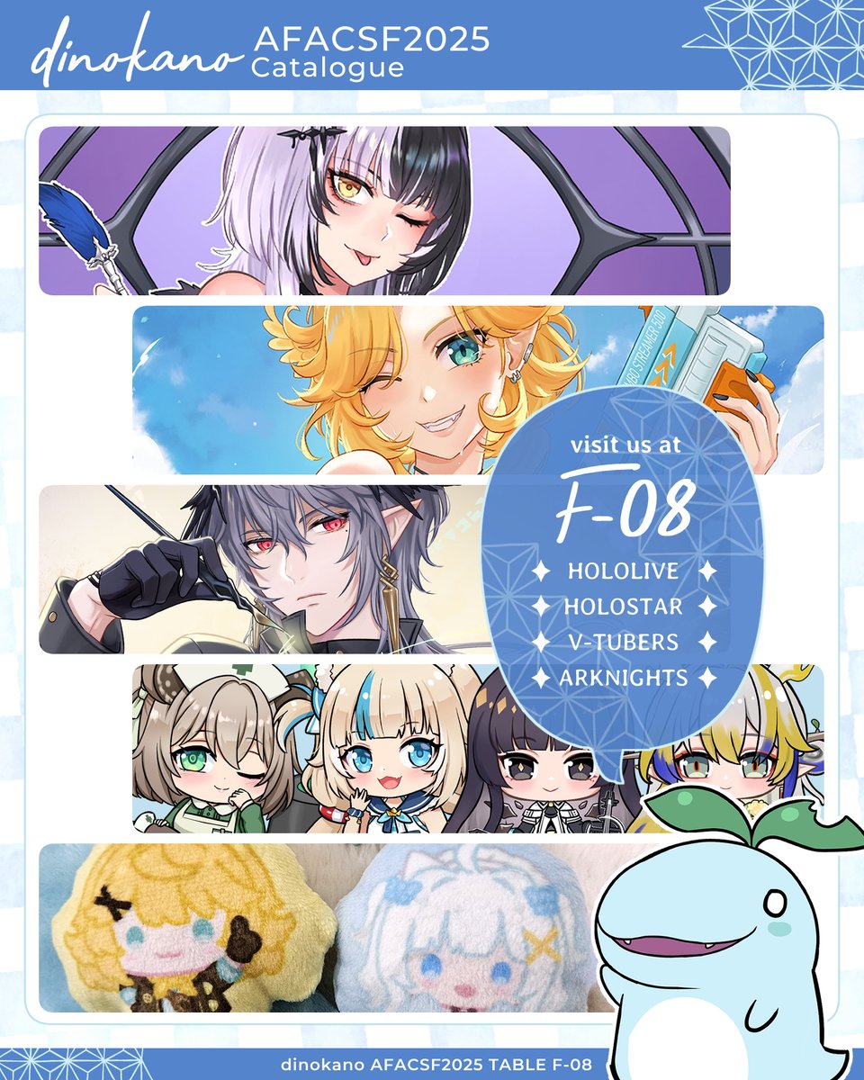 dinokanoo's tweet photo. [LRT appreciated 🫶]
Heya, I will be at #afacsfsg2025 this weekend at table F-08.

Fandom : Hololive, Holostars, V-tubers &amp; Arknights
I'll try taking more pictures of the new merchs in these couple of days.

#afacsf25 #afacsfcatalogue https://t.co/2wzvVUKdRD