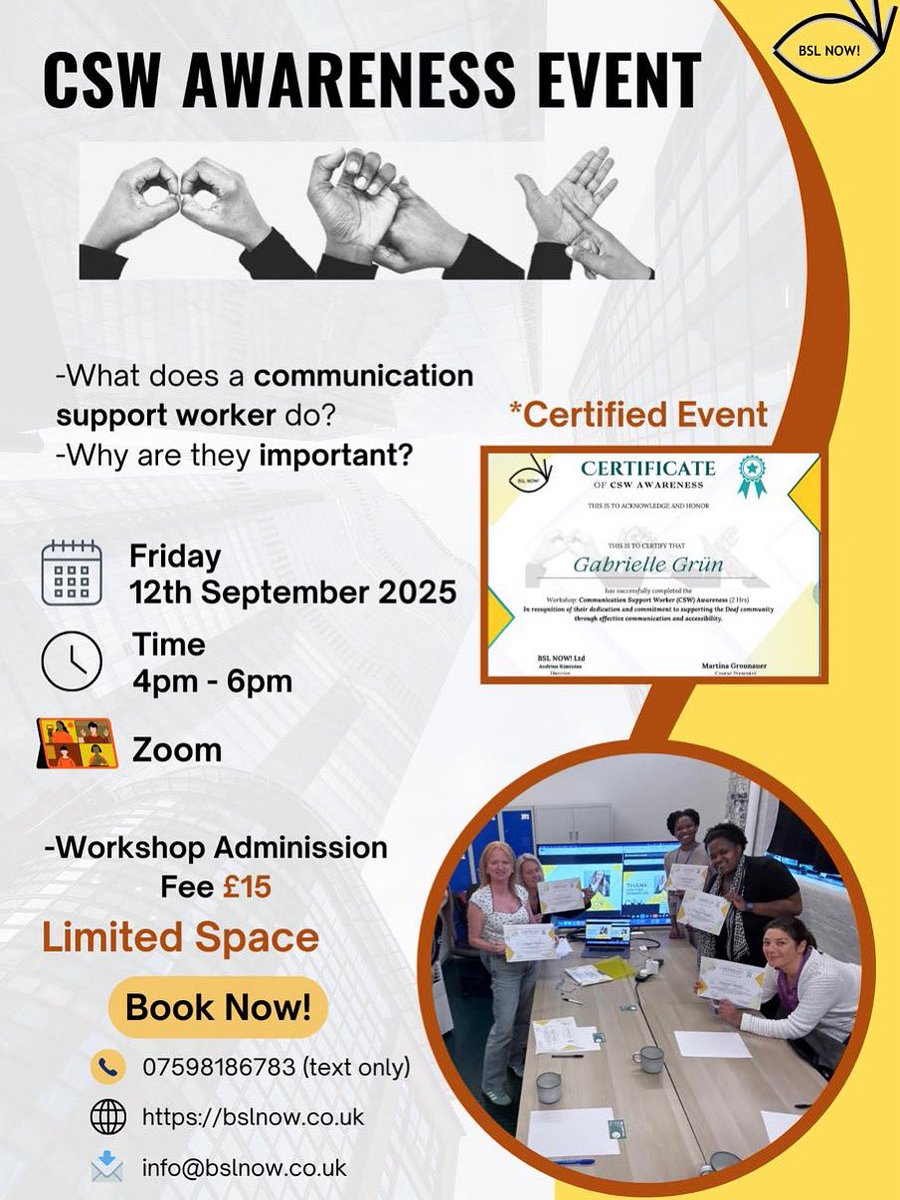 📢 CSW Awareness Session #2
🗓 12 Sep 2025 | 🕓 4–6pm | 💻 Zoom | 🎟 £15
Topics: CSW role &amp; Deaf client work
🔹 BSL Level 2–6 welcome
📩 info@bslnow.co.uk
📱 07598186783 (Text only)
#BSL #CSW2025 #deafawareness