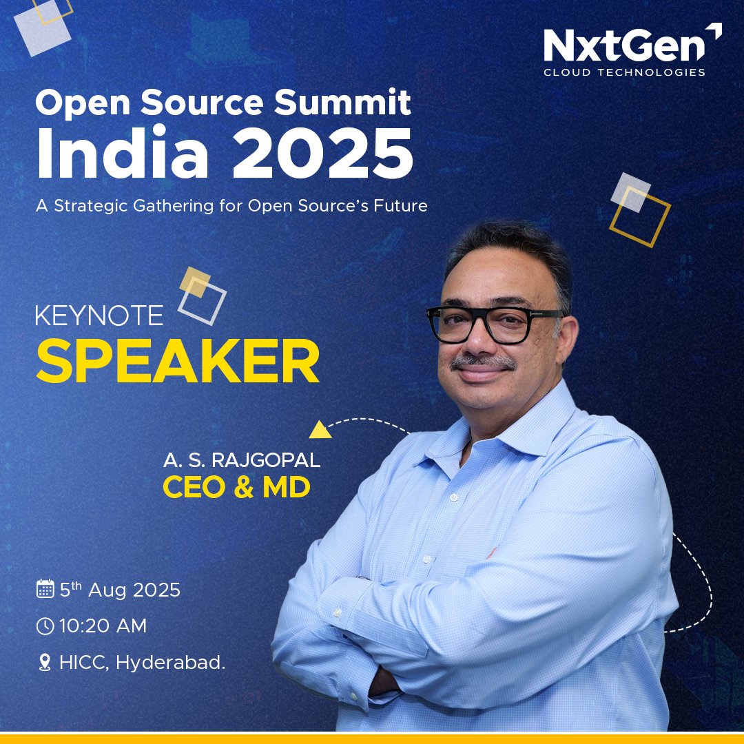 NxtGen Cloud Technologies Pvt Ltd (@nxtgen_cloud) on Twitter photo As the enterprise world moves to open, agile architectures, our CEO & MD <a href="/AsRajgopal/">A S Rajgopal</a> will take the spotlight at <a href="/linuxfoundation/">The Linux Foundation</a> 's Open Source Summit India to share key insights on infrastructure evolution.
Join the conversation on August 5 in Hyderabad. As the enterprise world moves to open, agile architectures, our CEO & MD <a href="/AsRajgopal/">A S Rajgopal</a> will take the spotlight at <a href="/linuxfoundation/">The Linux Foundation</a> 's Open Source Summit India to share key insights on infrastructure evolution.
Join the conversation on August 5 in Hyderabad.