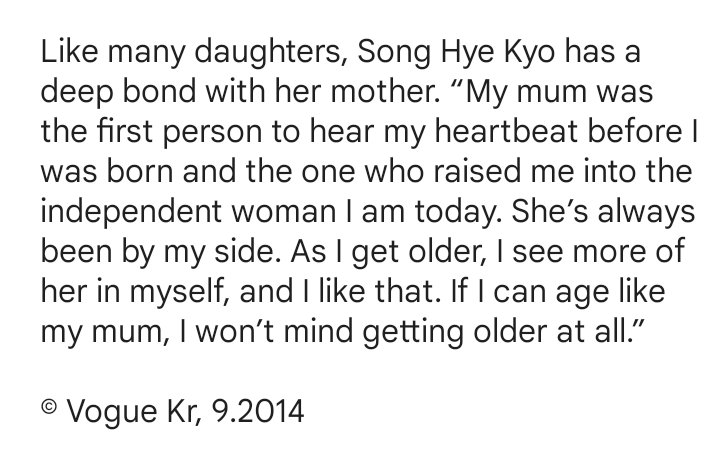 fnir87's tweet image. My mum was the first person to hear my heartbeat before I was born and the one who raised me into the independent woman I am today. She's always been by my side. As I get older, I see more of her in myself, and I like that. - #SongHyeKyo
ยฉ Vogue Kr, 9.2014
