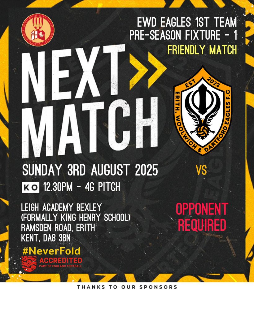 EWD_Eagles_FC (@ewd_eagles_fc) on Twitter photo *IMPORTANT*
Due to a last minute cancellation, we are desperate to fill this fixture on Sunday 3rd of August, if anyone is available, get in touch ASAP! Pitches and referees all booked.
More details below <a href="/WESFA_Football/">W.E.S.F.A.</a> *IMPORTANT*
Due to a last minute cancellation, we are desperate to fill this fixture on Sunday 3rd of August, if anyone is available, get in touch ASAP! Pitches and referees all booked.
More details below <a href="/WESFA_Football/">W.E.S.F.A.</a>