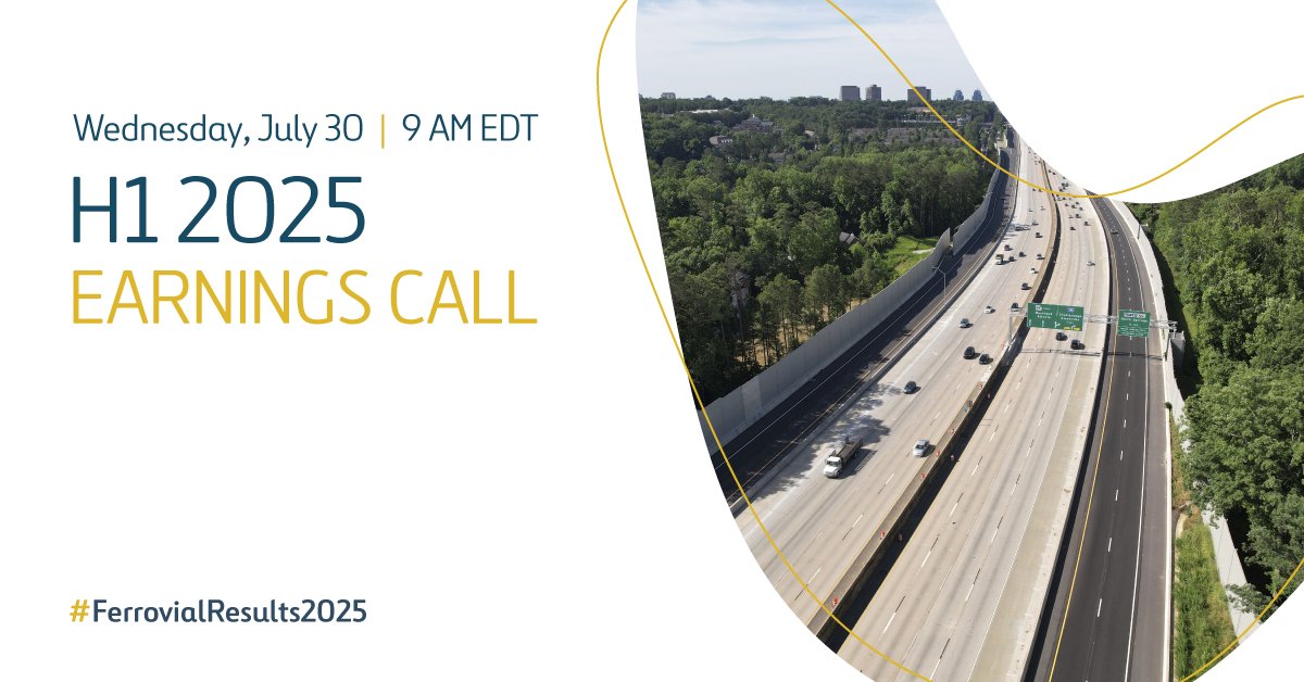 📊 Join us on Wednesday, July 30, at 9 a.m. EDT for Ferrovial's H1 2025 earnings call. Ferrovial CEO Ignacio Madridejos will lead the call to discuss the company's financial and operational results. Register here: bit.ly/44UNuJS

🔗 View our H1 2025 results after U.S.