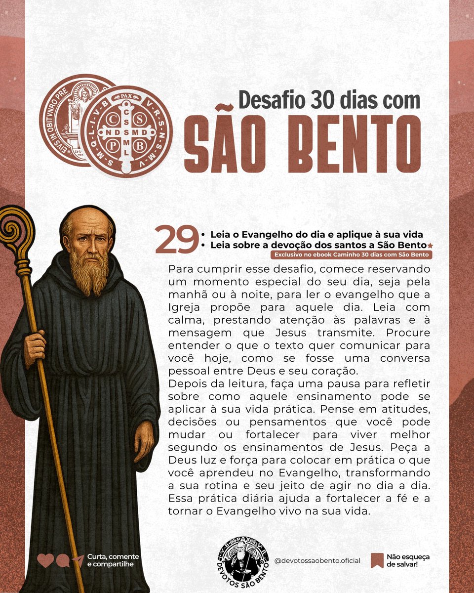 DESAFIO 29

Leia sobre a devoção dos santos a São Bento,  em livros, sites ou adiquira nosso ebook : 

Caminho 30 dias com São Bento!
olhar.site/soufelizcatoli…

#desafiosãobento #fé #cruzsagrada #católicos #devotossãobento #caminho30dias #sãobento #nãosejaodragãomeuguia