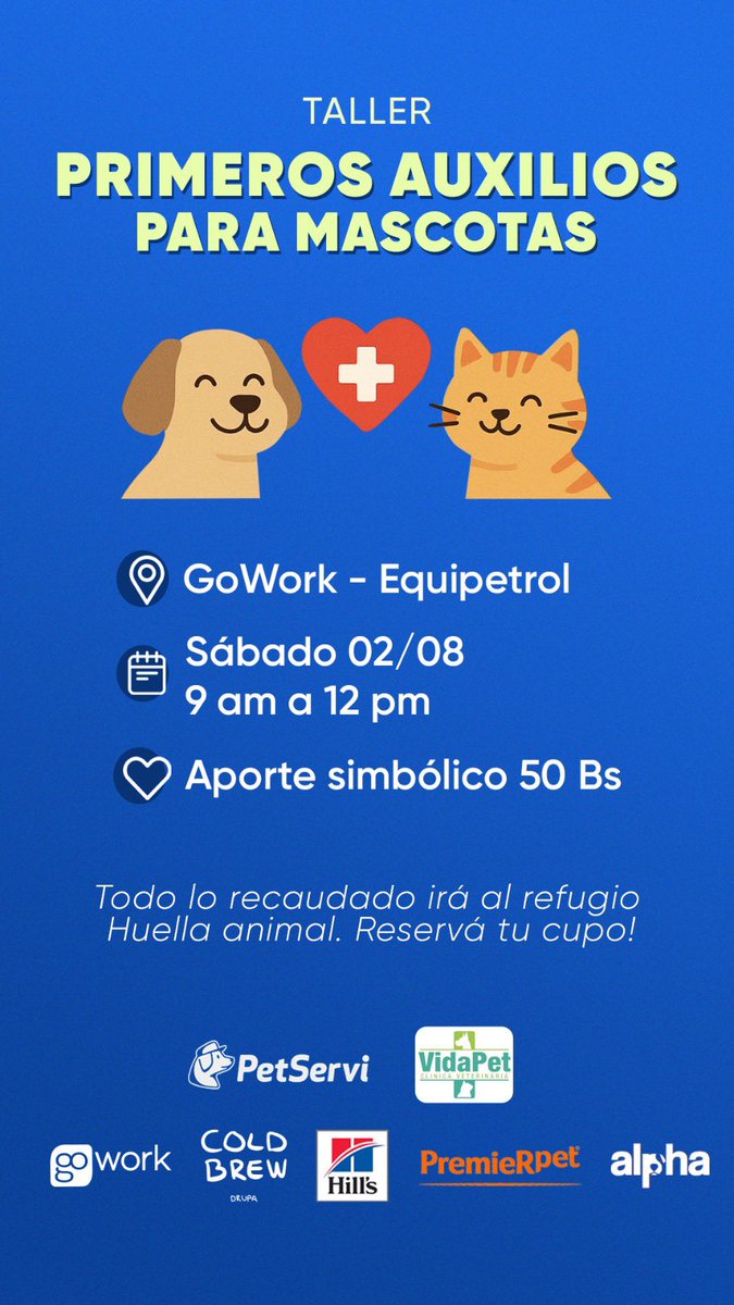 Este sábado hay un taller de primeros auxilios para tu mascota!
Que importante es saber actuar en una emergencia con nuestros peluditos
El aporte va directo a donación para el refugio Huella Animal
Podes inscribirte aquí instagram.com/petserviok?igs…