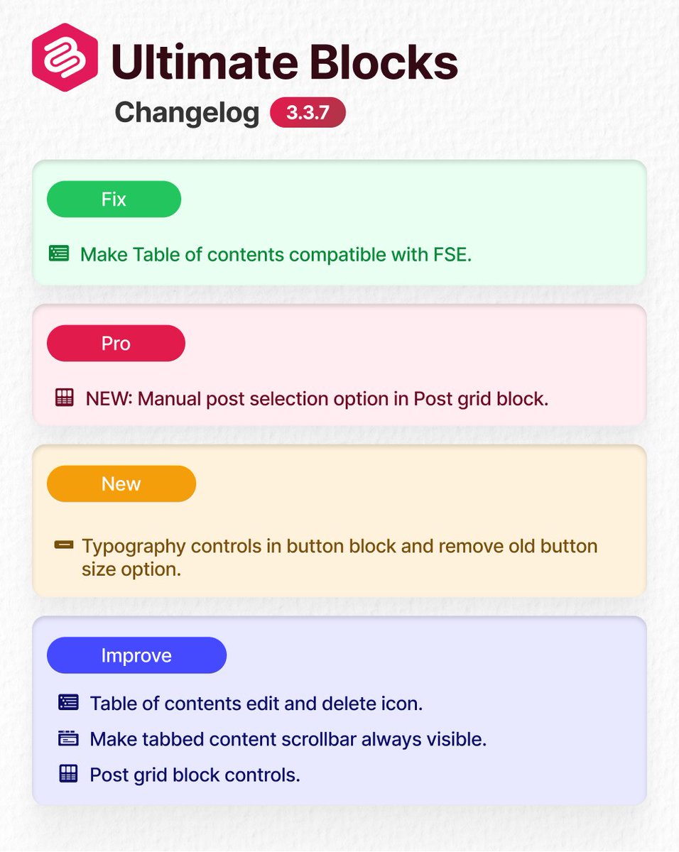 🚀 Ultimate Blocks 3.3.7 is out!

✨ Manual Post Selection in Post Grid (Pro)
📝 New Typography Controls in Button Block
🧩 ToC now supports FSE
🔧 UI Improvements across multiple blocks

#WordPress #Gutenberg #UltimateBlocks