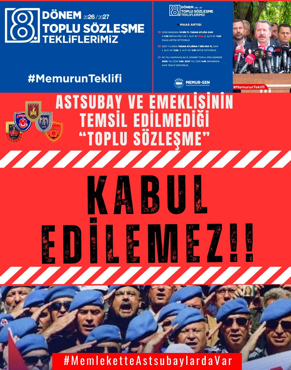 ‼️| #MemleketteAstsubaylardaVar

TSK’de görev yapan, yıllarca onurla hizmet eden ASTSUBAY ve EMEKLİLERİ’nin özlük ve maaş konusundaki haklarını kim TEMSİL EDECEK?

⁉️| #MasadaEksikVar

<a href="/MemurSenKonf/">Memur-Sen</a> 
<a href="/temadankara/">TEMAD Genel Başkanlığı</a> 
<a href="/TSKGnkur/">TSK</a> 
<a href="/tcsavunma/">T.C. Millî Savunma Bakanlığı</a> 
<a href="/sgksosyalmedya/">SGK</a> 
<a href="/HMBakanligi/">T.C. Hazine ve Maliye Bakanlığı</a>